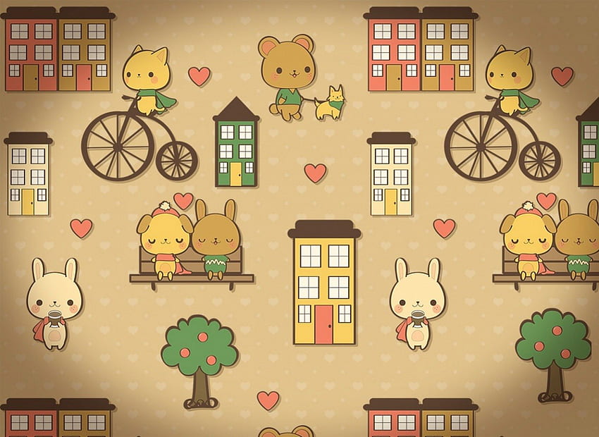 Happy Street, bike, cartoon, beautiful, tree HD wallpaper