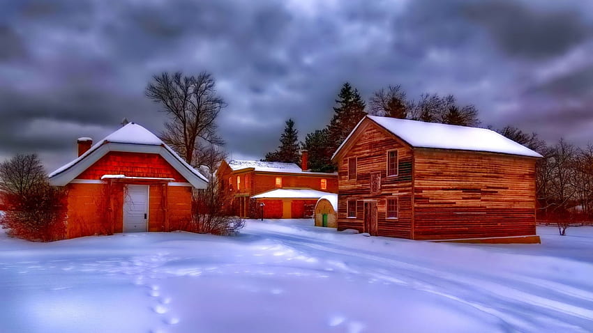 beautiful village in winter r, winter, barns, clouds, trees, r, village HD wallpaper