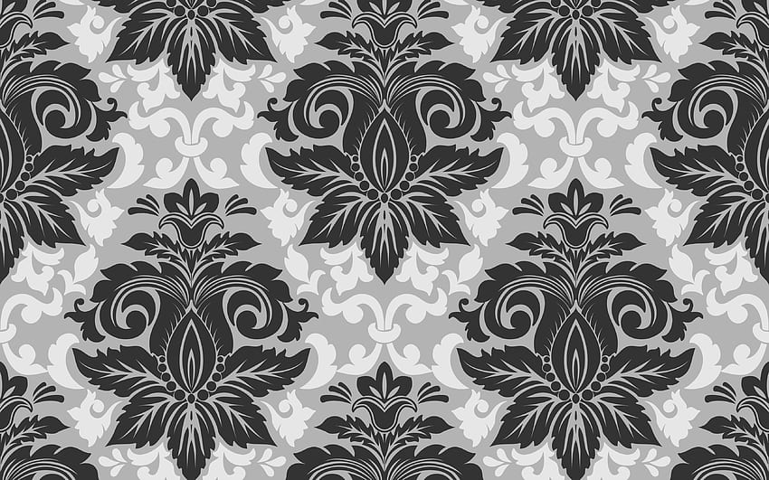 黒のダマスク織のパターン、灰色の背景、ビンテージ パターン 高画質の壁紙
