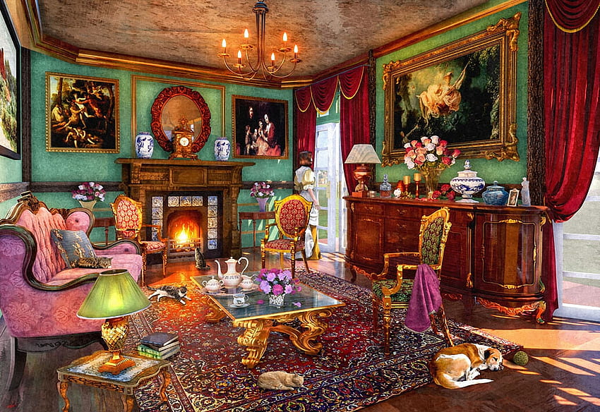 The Living Room, perro, arte, obras de arte, gato, digital, muebles, chimenea, fuego, vintage fondo de pantalla