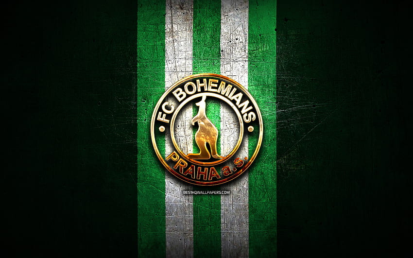 Bohemians Praha FC, goldenes Logo, tschechische Erste Liga, grüner Metallhintergrund, Fußball, tschechischer Fußballverein, Bohemians Praha Logo, Fußball, Bohemians Praha 1905 HD-Hintergrundbild
