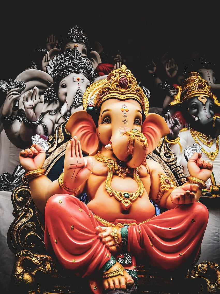üç Lord Ganesha heykelciği - Kalabalık, Ganpati HD telefon duvar kağıdı