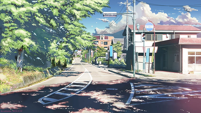 Anime Landschaft, Straße, Gebäude, Bäume, Sonnenschein, Stadtlandschaft Anime HD-Hintergrundbild