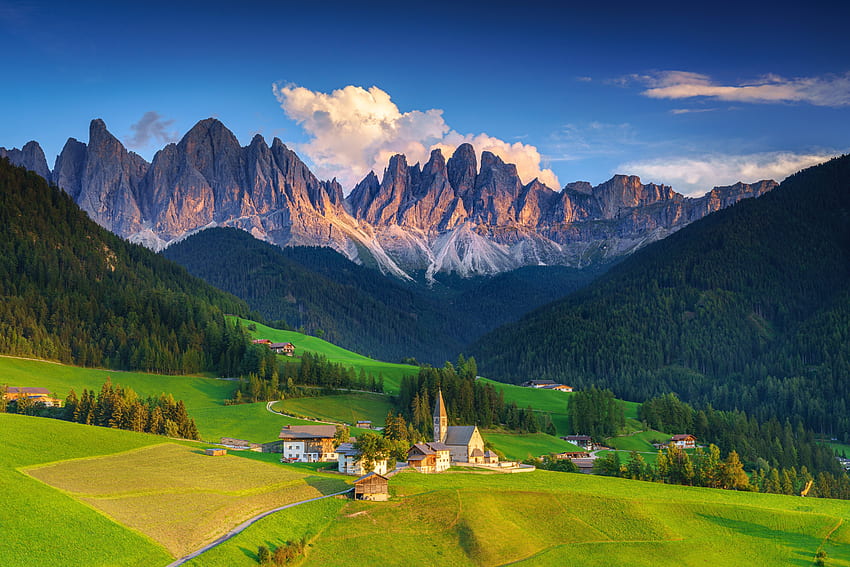Santa Maddalena, Italien, Tal, Alpen, Berge, Kirche HD-Hintergrundbild