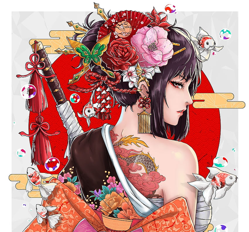 Mitsuki, dhemitchan, ted, fantasi, asia, bunga, tato, gadis, katana Wallpaper HD