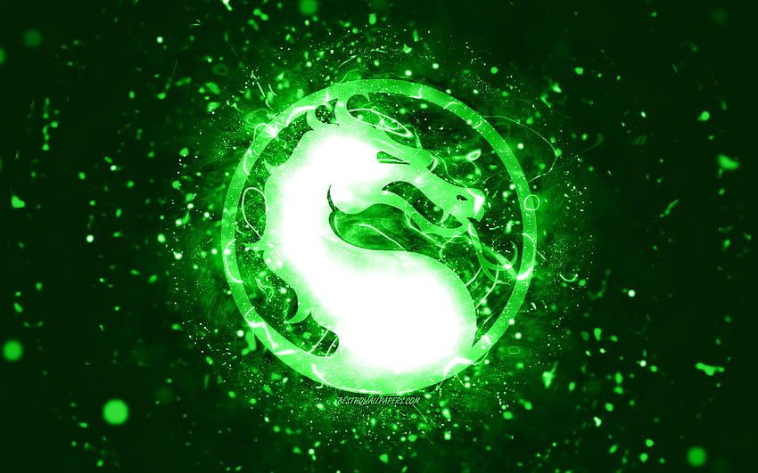 Mortal Kombat yeşil logosu, yeşil neon ışıklar, yaratıcı, yeşil soyut arka plan, Mortal Kombat logosu, online oyunlar, Mortal Kombat HD duvar kağıdı