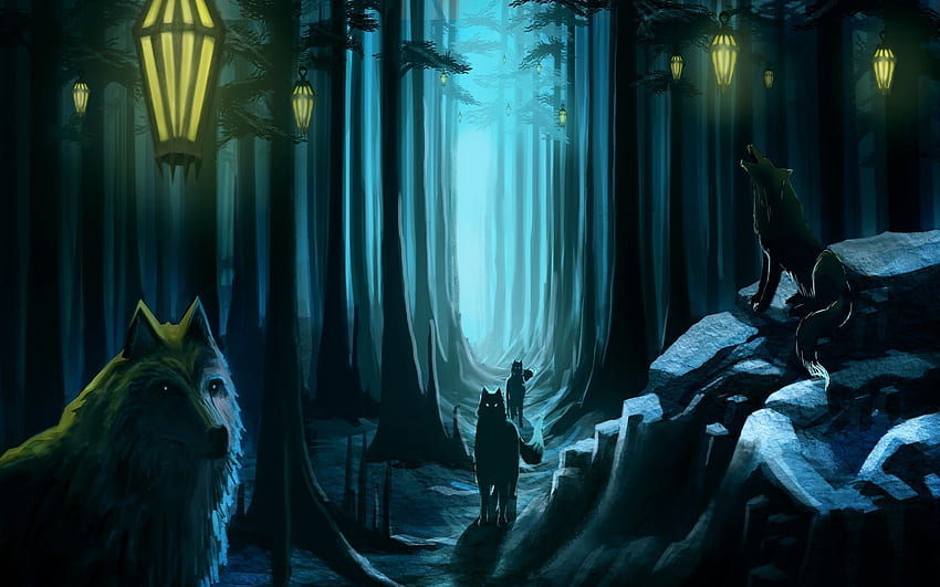 artystyczne zwierzęta wilki wilk fantazja ciemne upiorne lampy światła przyroda drzewa leśna ścieżka magiczna. Tapeta HD