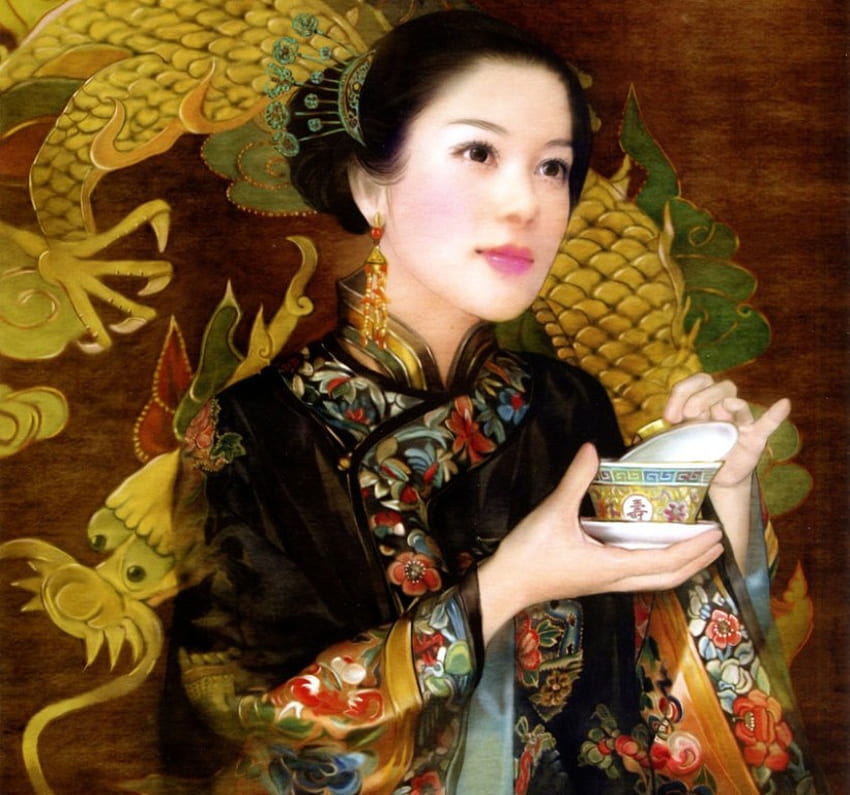 Art of serving tea, japanese, kimono, art, feminine, beauty, woman, elegant, serving tea, painting, class, dragon, noble HD wallpaper