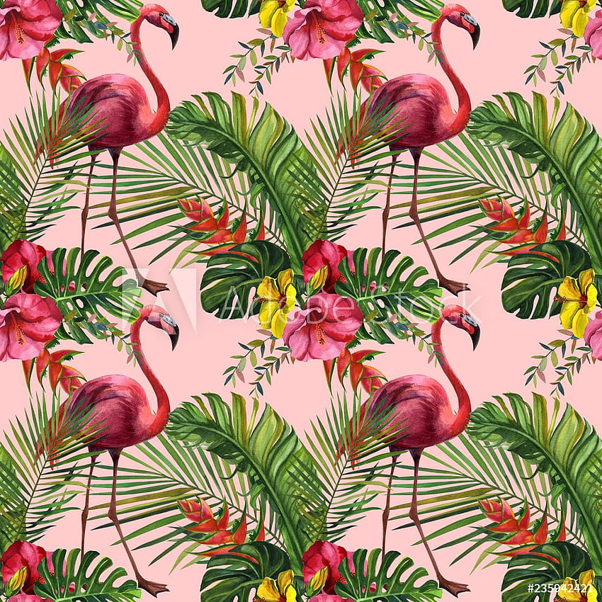 Satwa liar tropis cat air, burung flamingo, pola mulus. Alam hutan yang di dengan tangan, ilustrasi bunga. Cetak untuk mural dinding tekstil, kain, scrapbooking wallpaper ponsel HD