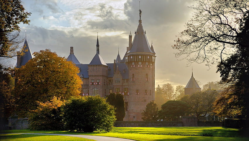 zamek kasteel de haar w holandii, mgła, trawiaste drzewa, zamek, wieże Tapeta HD