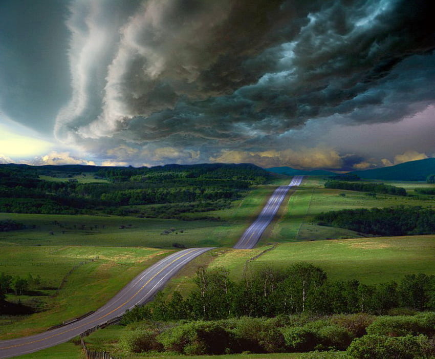 Long road home, hills, trees, long road, grass, dark clouds, country, stormy HD wallpaper