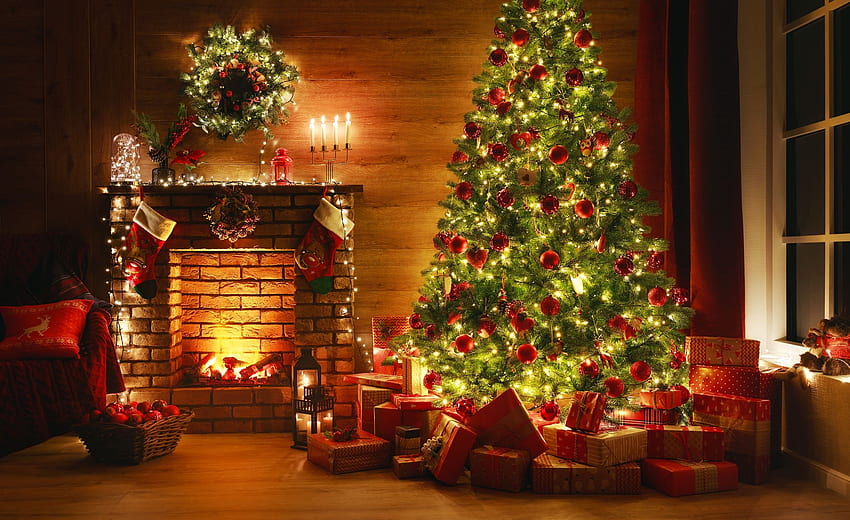 クリスマス インテリア、冬、魔法、居心地の良い部屋、暖炉、ボール、デザイン、ツリー、休日、装飾、プレゼント、暖かさ、ライト、クリスマス、ホーム 高画質の壁紙