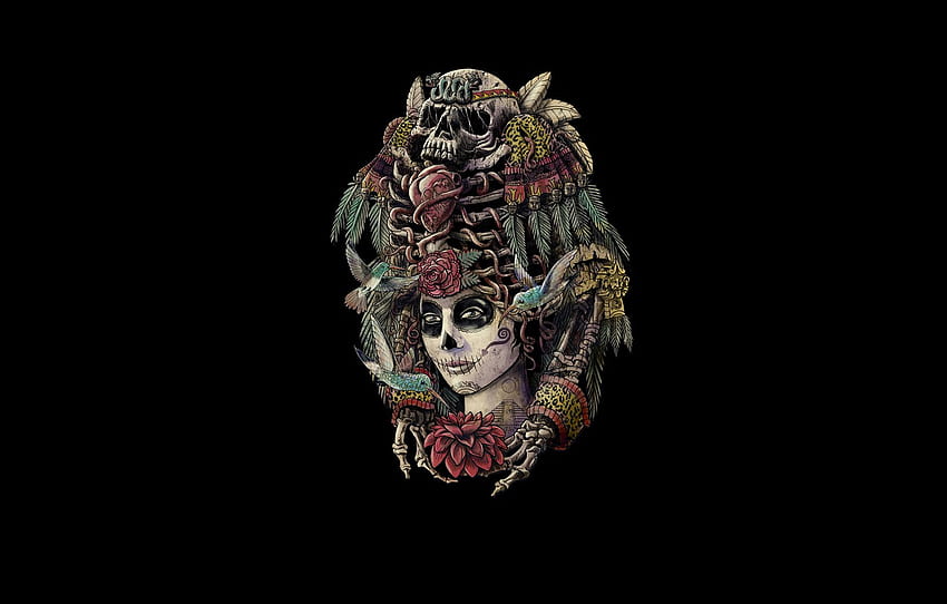girl, birds, style, skull, skeleton, day of the dead for , section Ð¼Ð¸Ð½Ð¸Ð¼Ð°Ð»Ð¸Ð·Ð¼, Skeleton Girl HD wallpaper