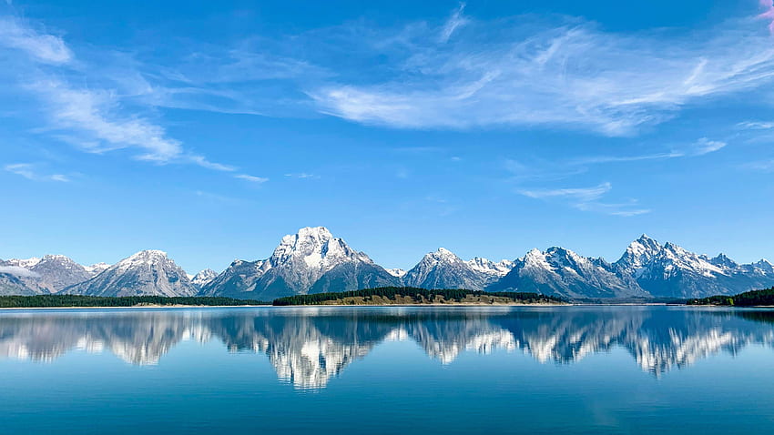 Grand Teton National Park, 山, 湖, 晴天, 空色, 反射, Wyoming、, Ultra 高画質の壁紙