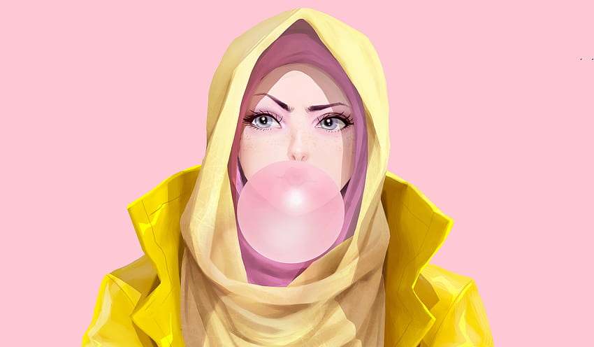 Girl in hood, bubble gum, original, art HD wallpaper