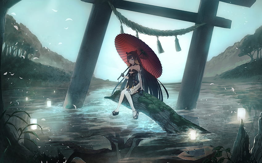 一人、傘を持つアニメの女の子、オリジナル 高画質の壁紙