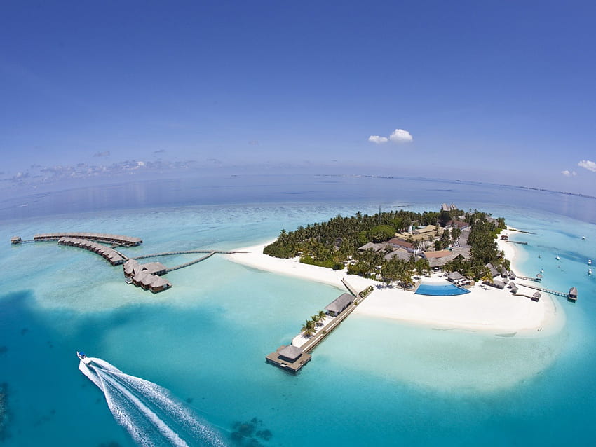 Velassaru Resort Maldives, island, blue, sand, tropical, beach, boats, ocean, sea, escape, exotic, paradise, lagoon, retreat, water bungalows, atoll, resort HD wallpaper