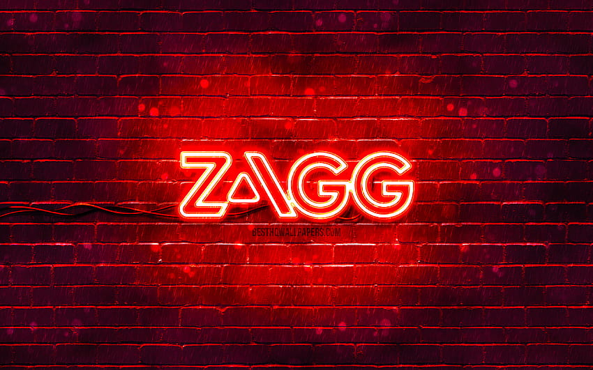 Zagg の赤いロゴ、赤いブリックウォール、Zagg のロゴ、ブランド、Zagg のネオンのロゴ、Zagg 高画質の壁紙