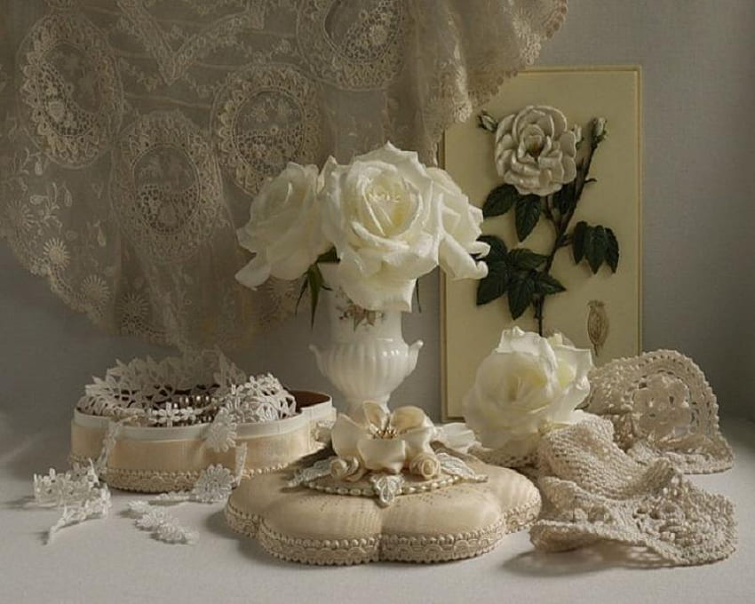 Pureza, branco, guardanapo, rosas, bonito, vaso, renda, delicado, cortina papel de parede HD