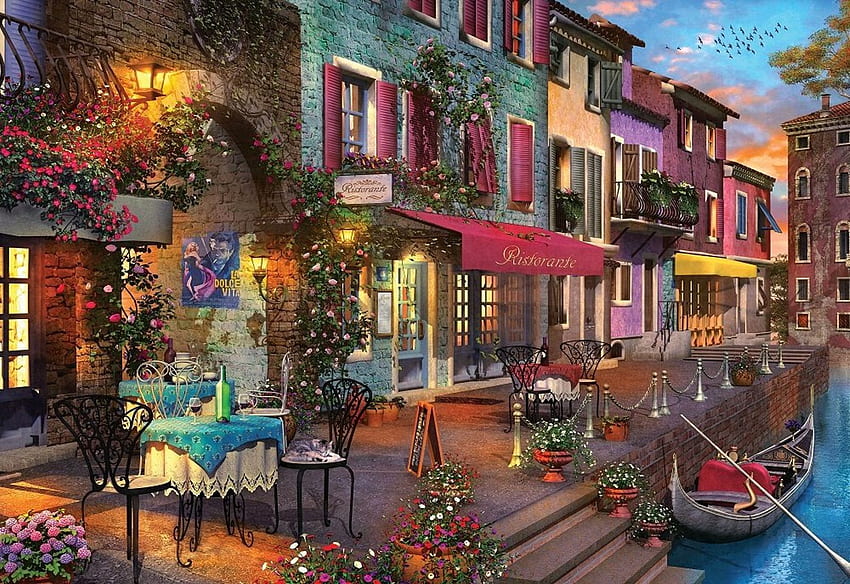The Sweet Life, town, street, flowers, houses, boat, table, canal, restaurant, chairs, digital, venice HD wallpaper