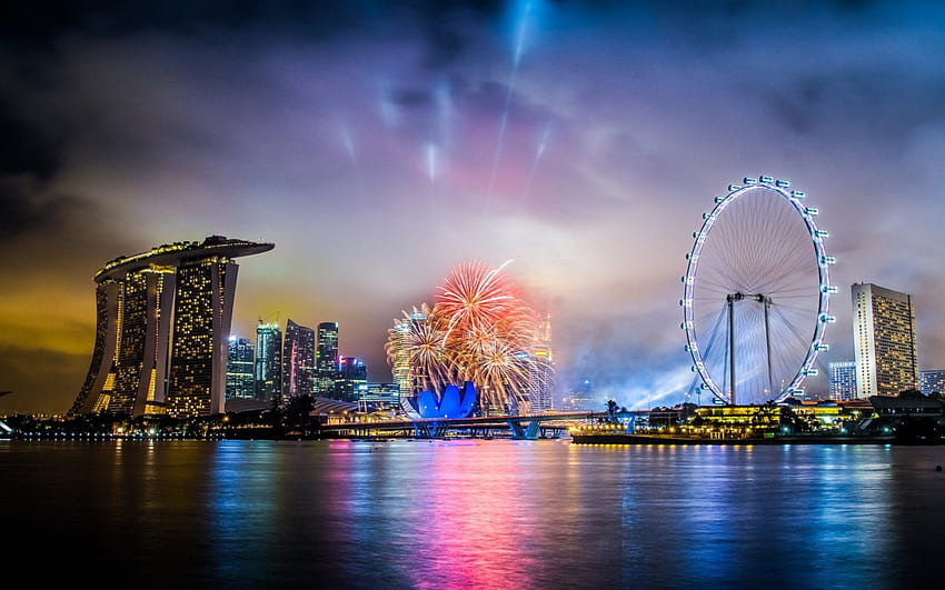 град сингапур нощ, нощ, празник, сингапур, град HD тапет