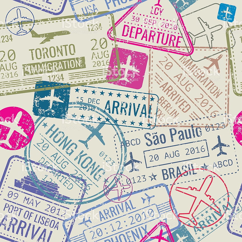 Vector seamless pattern with passport visa stamps. Background HD phone wallpaper