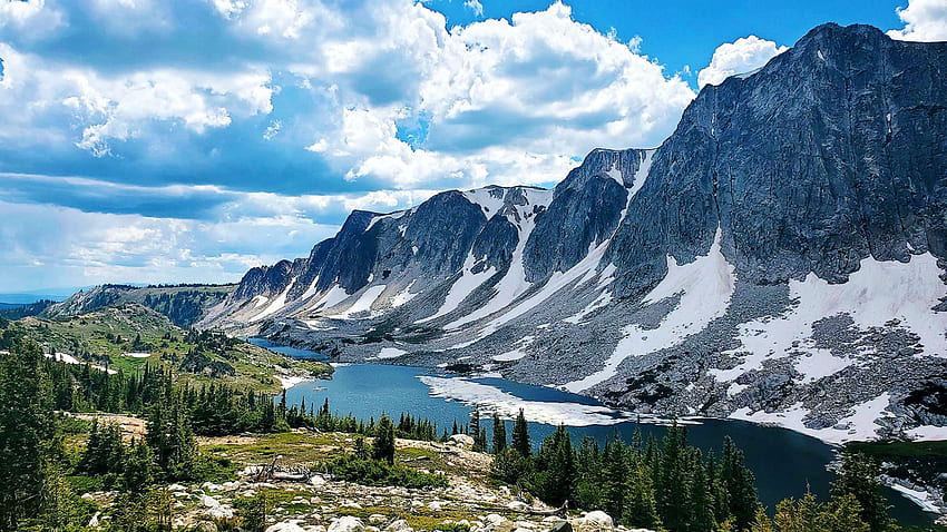 Medicine Bow National Forest, Wyoming, sky, mountains, lake, landscape, clouds, usa HD wallpaper