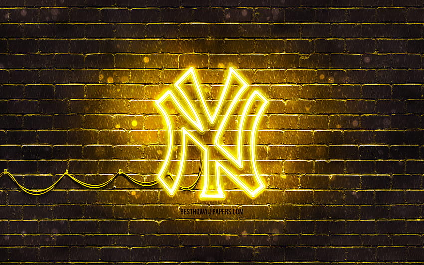 ニューヨーク・ヤンキースの黄色のロゴ、黄色のブリックウォール、ニューヨーク・ヤンキースのロゴ、アメリカ野球チーム、ニューヨーク・ヤンキースのネオンのロゴ、ニューヨーク・ヤンキース、ニューヨーク・ヤンキース 高画質の壁紙
