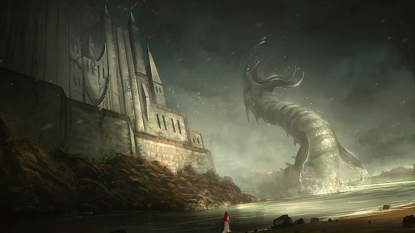 Sztuka cyfrowa Smok Sztuka fantasy Zamek Potwory morskie Stworzenie Woda Skały Grafika Niski kąt holenderski Tilt - Rozdzielczość: Tapeta HD