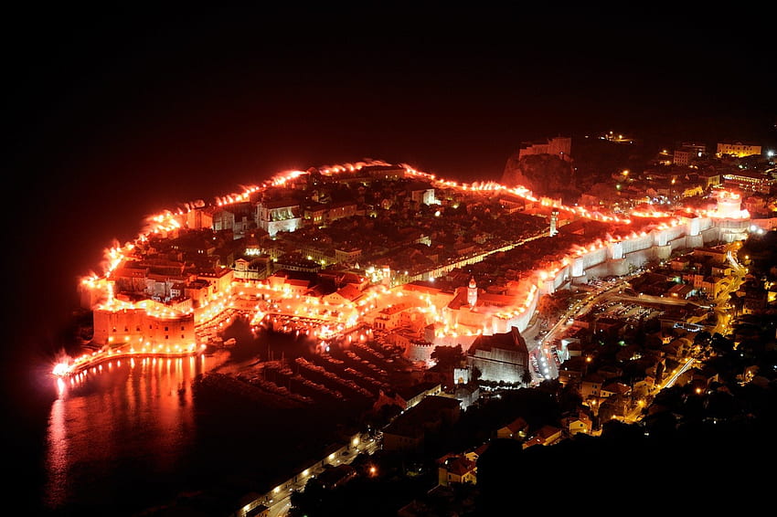 night city, night, city, lights, croatia, dubrovnik HD wallpaper