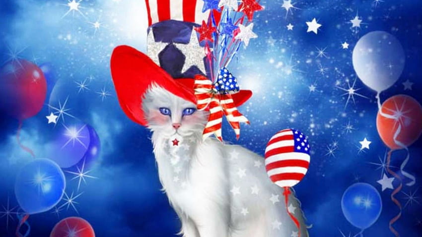 Kot w patriotycznym kapeluszu czerwone cudowne dziwne rzeczy Tapeta HD
