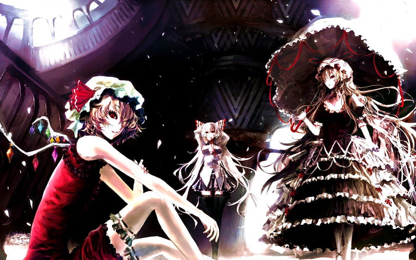 Touhou, three girls, fujiwara no mokou, girl, anime, yakumo yukari, manga, trio, flandre scarlet, female HD wallpaper