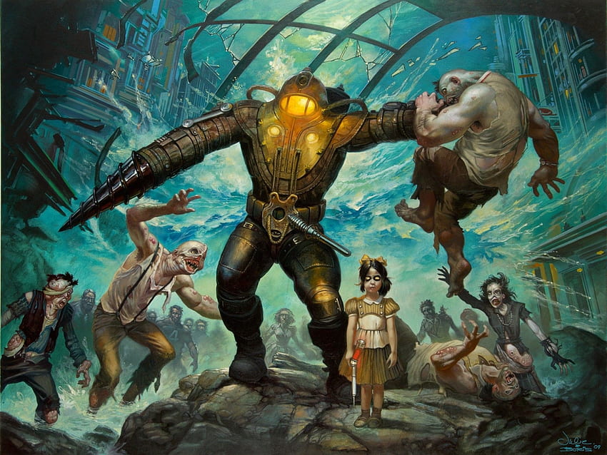 Big Daddy, Little Sister, BioShock, fantasy art, horror game HD wallpaper
