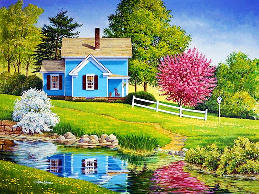 春の魔法、池、家、絵画、花、木、牧草地、石 高画質の壁紙