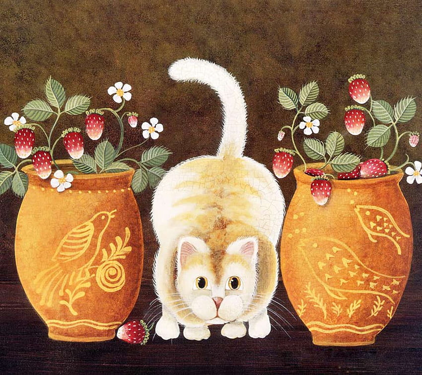 Strawberry and... a cat, animal, strawberry, gato, art, fresa, fleur, cat, flowerpot, chat, painting, flower, fruit, nature, pot a fleurs HD wallpaper