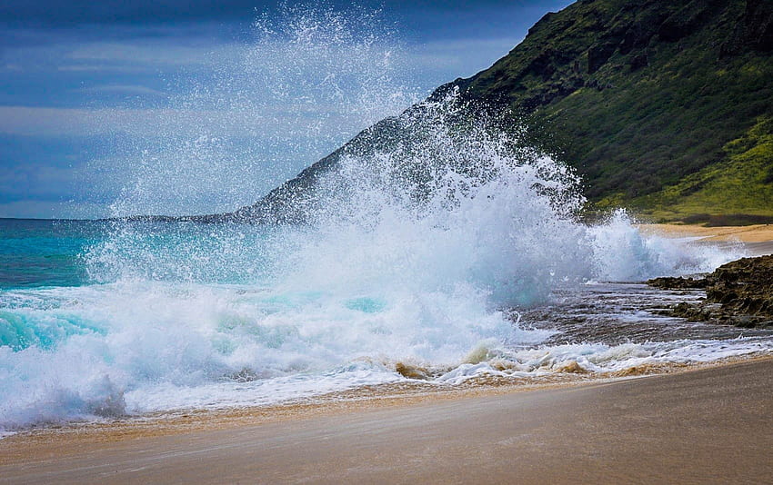 Surf Spay en Hawaiian Beach Oahu, isla, arena, hawaii, tropical, spray, playa, surf, descanso, oahu, islas, océano, ola, mar, blanco, espuma, pacífico, exótico, paraíso, polinesia fondo de pantalla