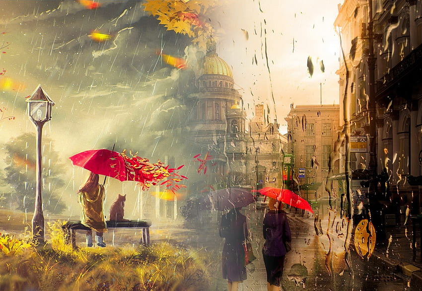 Día lluvioso, paraguas, ciudad, arte, lluvia, otoño, gotas, viento, hojas, día, pintura, otoño fondo de pantalla