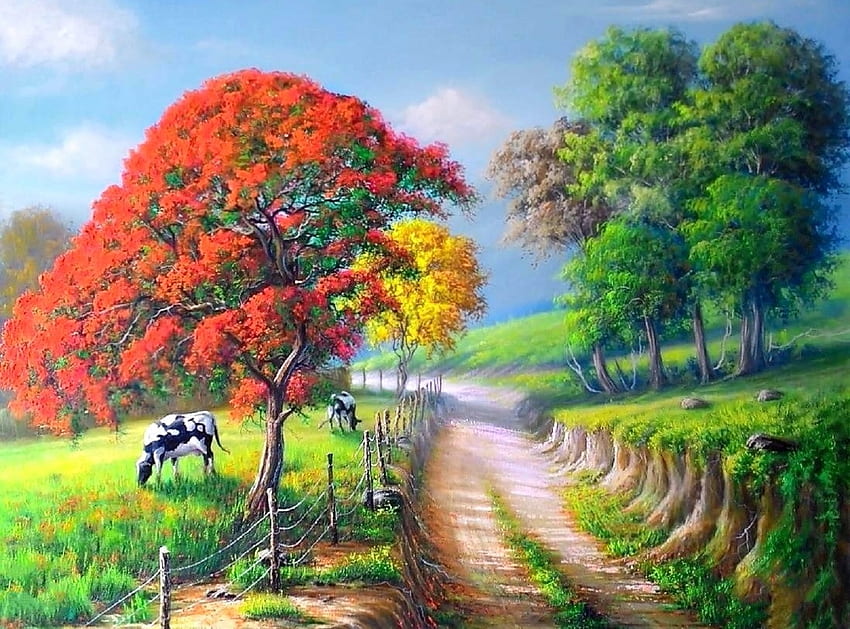 Jalan ke Pedesaan, atraksi dalam mimpi, kota, lukisan, rumput, musim panas, cinta empat musim, sapi, pedesaan, ladang, pohon, alam, jalan, pedesaan Wallpaper HD