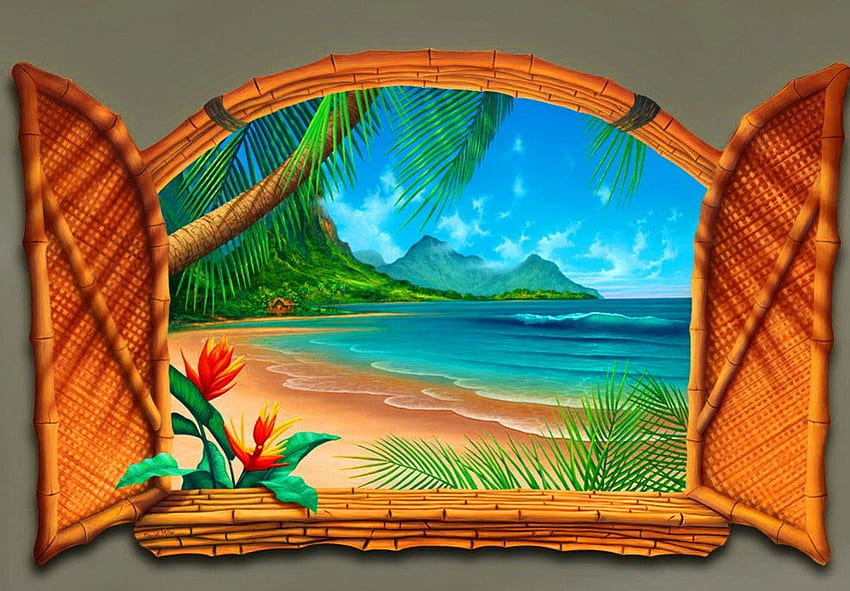My Polynesian dream, relax, bamboo, vacation, nice, beach, shore, waves, painting, water, ocean, palm trees, travel, palms, sea, Polynesia, window, art, exotic, beautiful, mountain, wind, rest, breeze, pretty, flowers, lovely, dream HD wallpaper