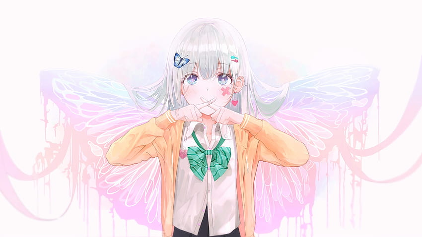 School Uniform, Blue Eyes, Anime Fairy Girl, Wings, Gray Hair - Resolution: HD wallpaper