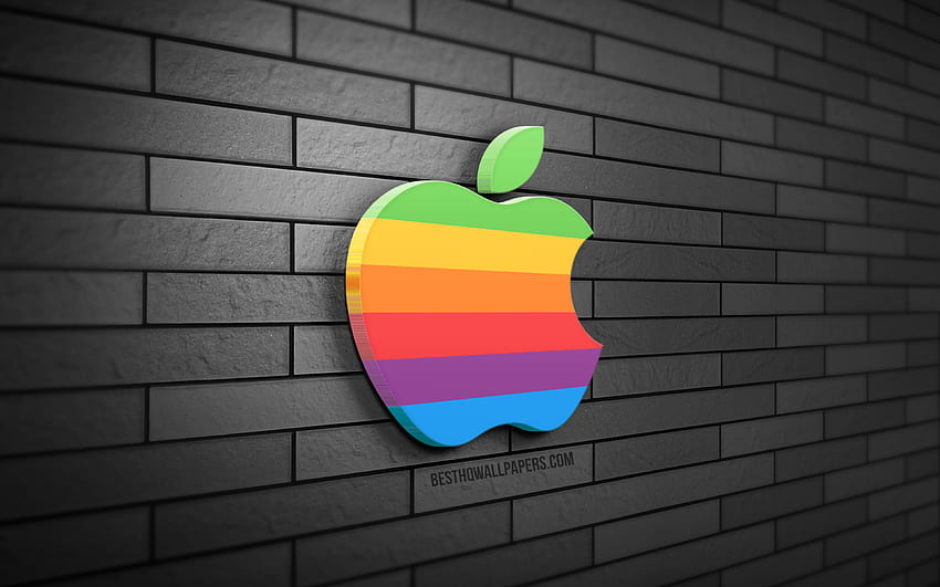 Apple のレトロなロゴ、アートワーク、灰色のブリックウォール、クリエイティブ、ブランド、Apple のロゴ、3D アート、Apple の 3D ロゴ、Apple 高画質の壁紙