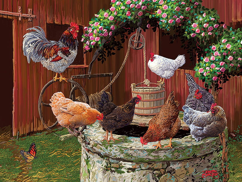 The Chickens are Well, flowers, hens, painting, rooster HD wallpaper