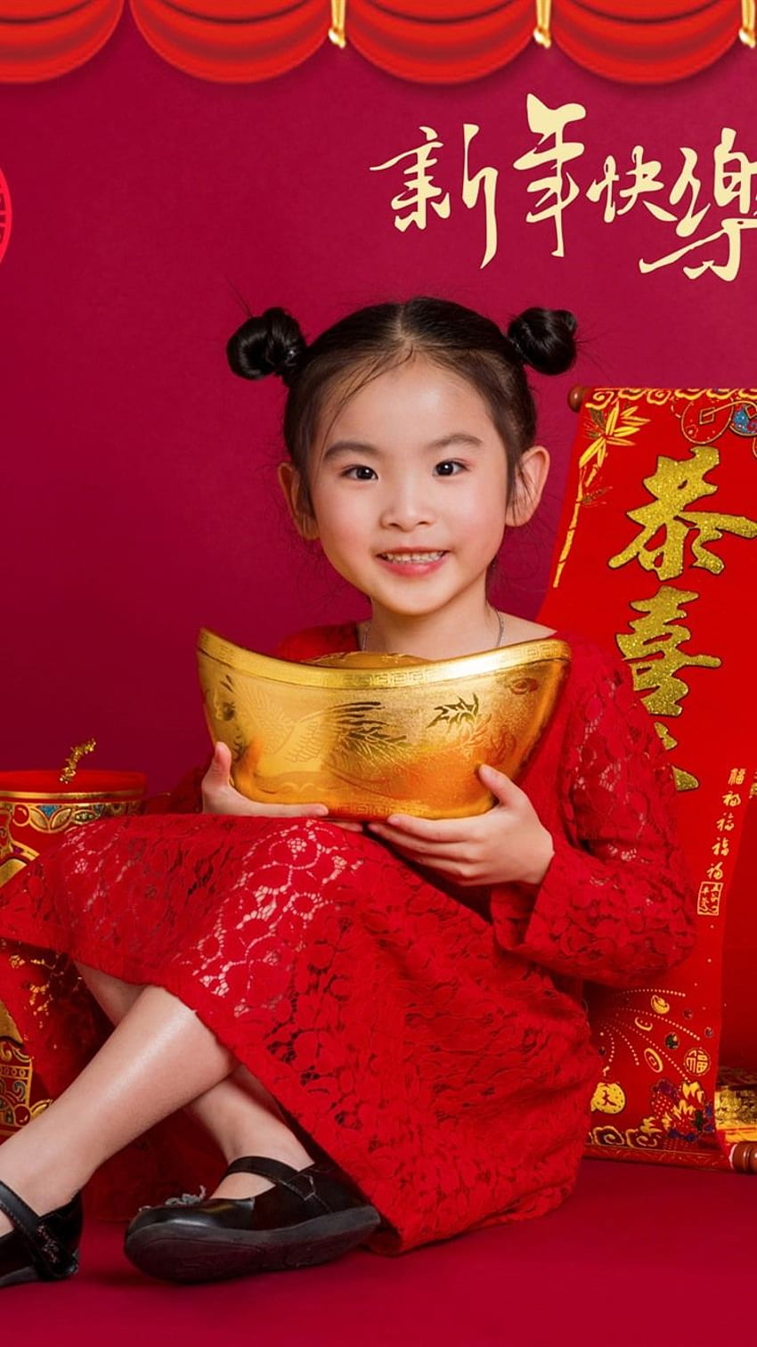 Happy Chinese New Year, cute little girl, red style HD phone wallpaper