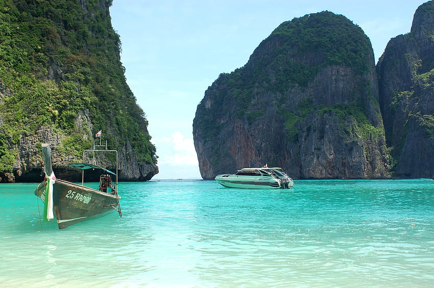 Natura, morze, łodzie, skały, tropiki, Tajlandia Tapeta HD