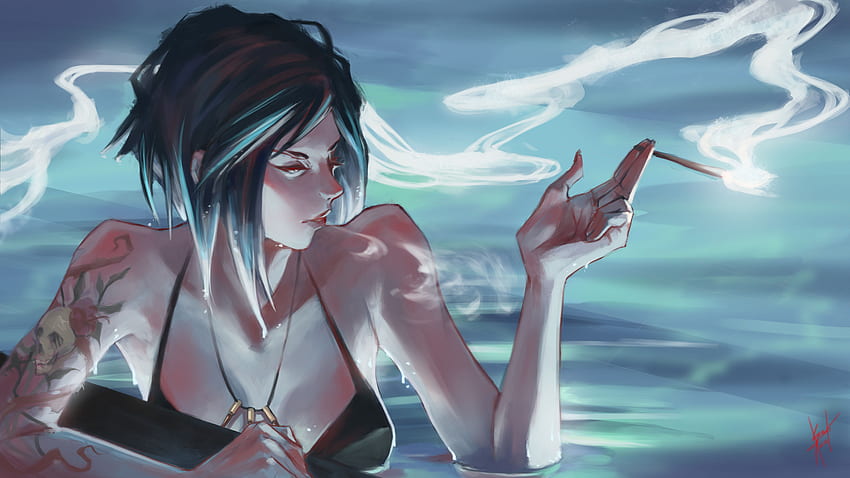 タバコを吸う少女アート、アニメの女の子の煙 高画質の壁紙