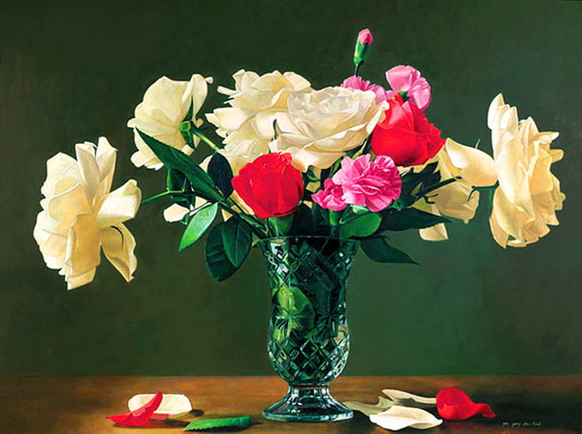 퍼지는 아름다움, 테이블, 흰색, 장미, 녹색, 빨간색, 꽃병, 꽃 HD 월페이퍼