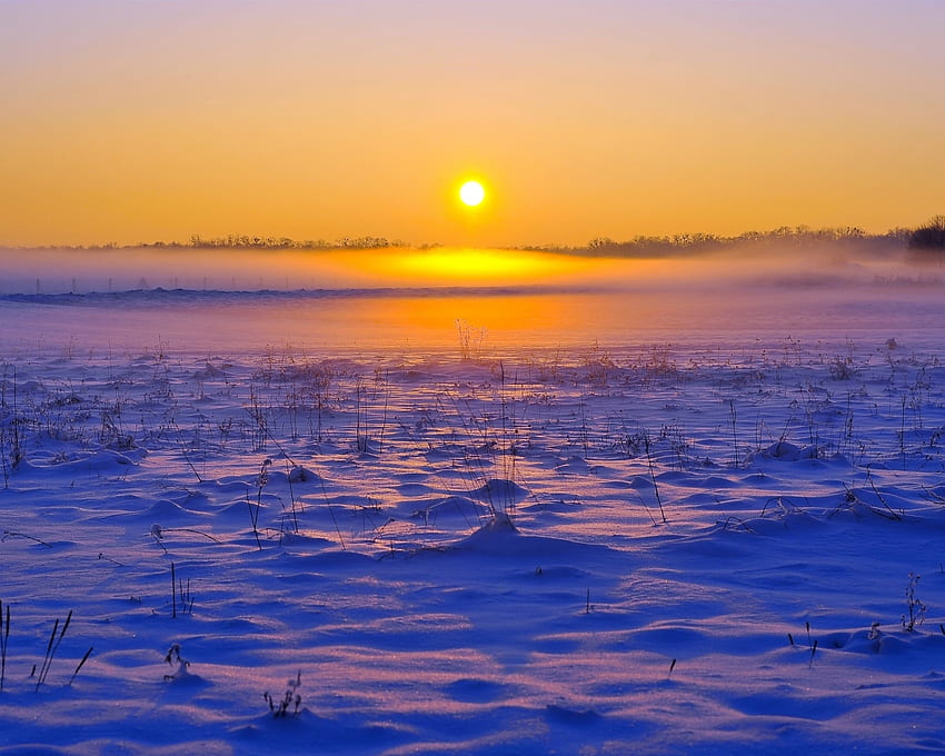 Horizon Sunset, campo, horizonte, hierba, naturaleza, nieve, puesta de sol fondo de pantalla