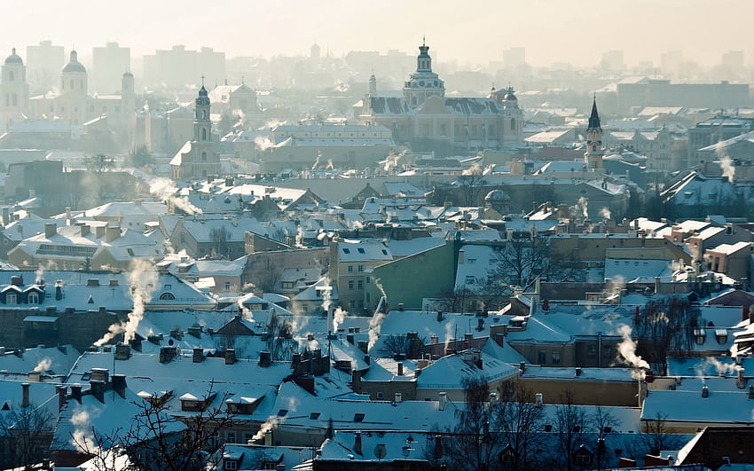 Miasta, dym, Litwa, panorama, kraj miejski, pejzaż miejski, dach, dachy, Wilno Tapeta HD