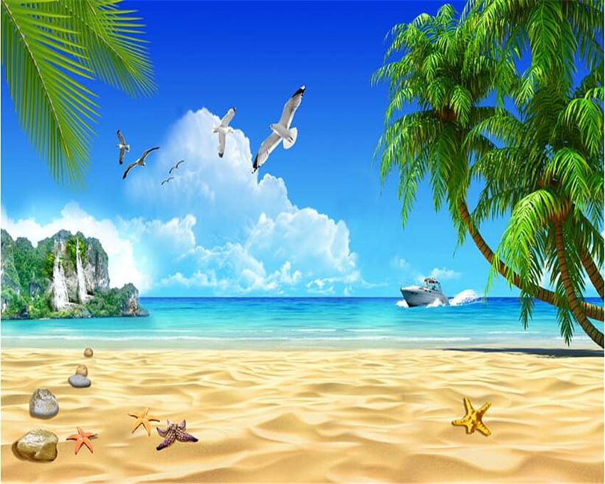 beibehang 3D แฟชั่นอาวุโส ชายหาด ต้นมะพร้าว ท้องฟ้าสีฟ้า เมฆขาว เกาะ พื้นหลัง ผนัง สำหรับผนัง 3 d สำหรับผนัง แฟชั่นเกาะอกสไตล์มินิมอล วอลล์เปเปอร์ HD