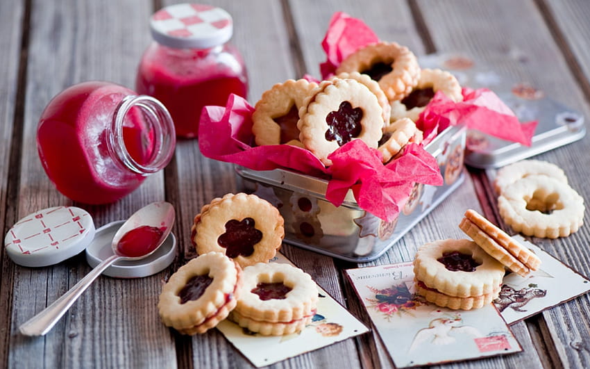 Mit Marmelade gefüllte Kekse, süß, Erdbeere, Dessert, lecker, Himbeere, abstrakt, rot, Bäckerei, Kekse HD-Hintergrundbild